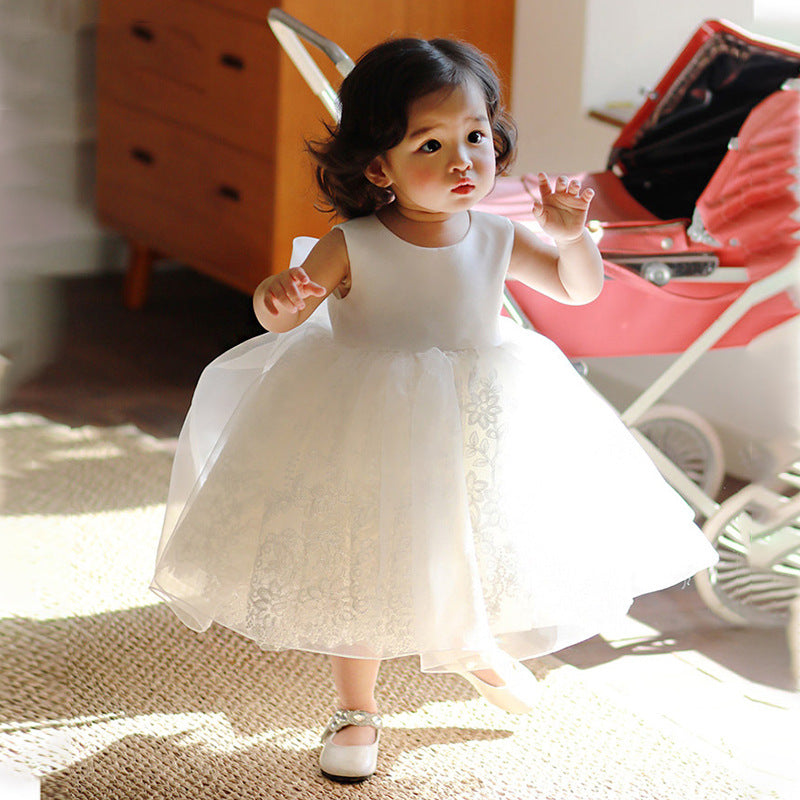 Baptism Dresses Baby Girl White Puffy Bow Birthday Party Girl Formal  Princess