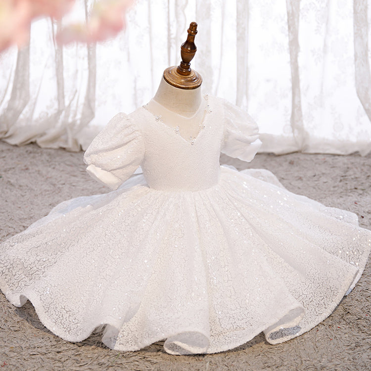 Baby Girl Christening Dress White Princess Dress Sequins Puffy Baptism Dress