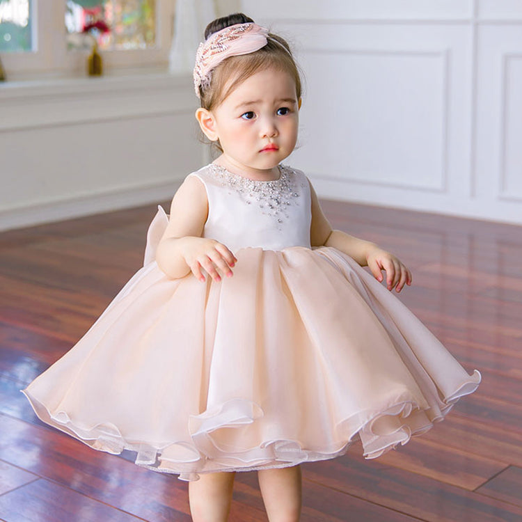 Baby Girl Princess Dress Sleeveless Beaded Neck Puffy Birthday Party Dress