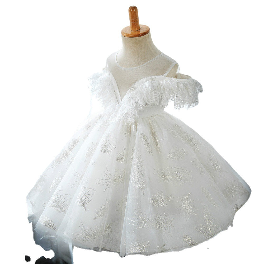Baby Girl Solid Color Floral Embroidered Mesh Design Princess Dress