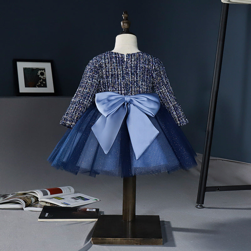 Girls Pageant Dresses Baby Girl Blue Long Sleeve Luxury Bow Fluffy Birthday Party Dress