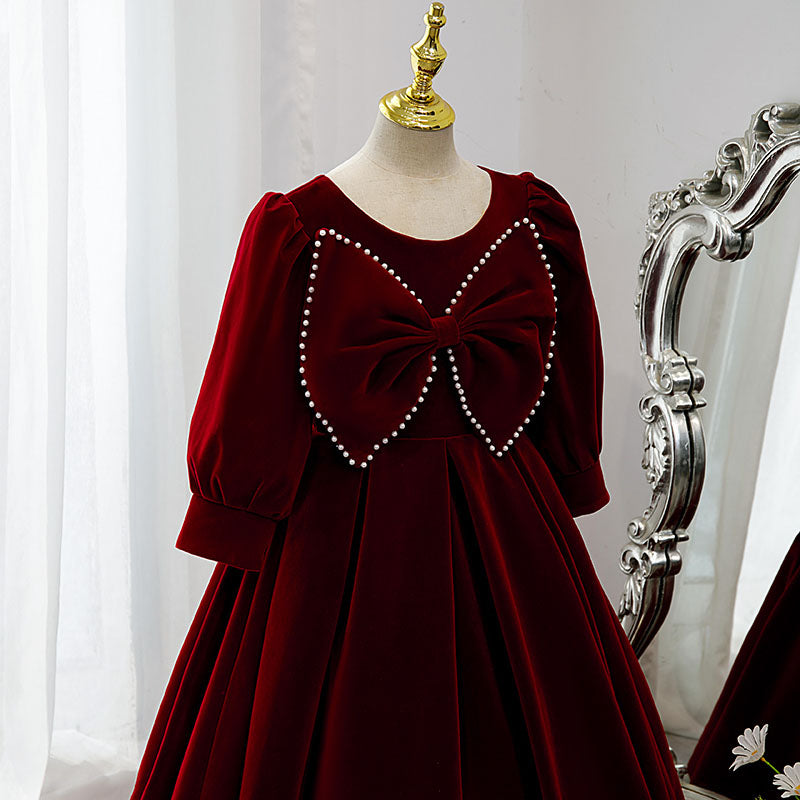 Flower Girl Dress Children Communion Elegant Red Velvet Bow Knot Long Sleeve Princess Dress