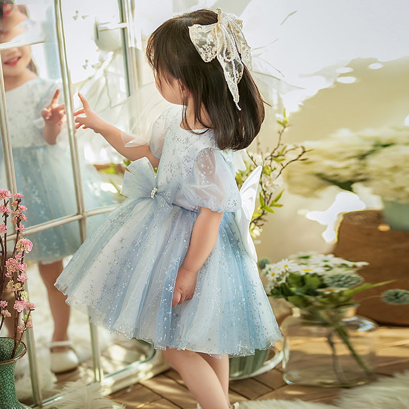 Baby Girl Dress Toddler Communion Summer Blue Round Neck Puff Sleeve Birthday Party Dress