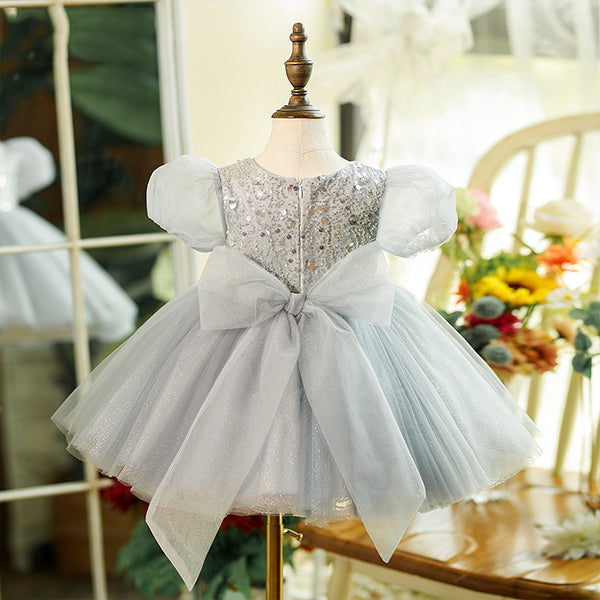 Baby Girl Dress Toddler Prom Puff Sleeves Summer Gray Sequined Puffy Princess Dress