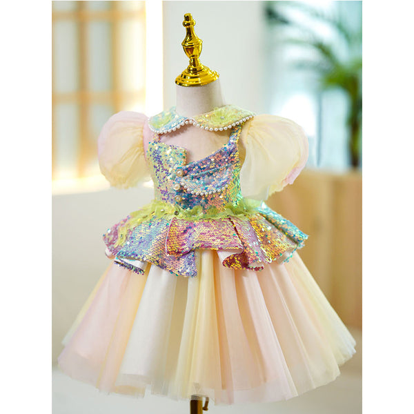 Baby Girl Ball Gowns Toddler Summer Sequin Doll Neck Puffy Puff Sleeves Princess Dress