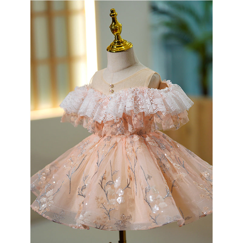 Flower Girl Dress Toddler Summer Off-Shoulder Lace Puffy Birthday Party Princess Dress