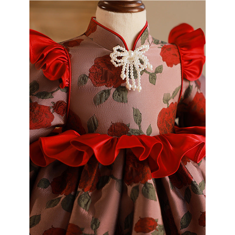 Flower Girl Dress Toddler Ball Gowns Dress Long Sleeve Printed Embroidered Princess Dress