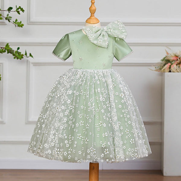 Toddler Prom Dress Little Girl Printing Bow Mesh Pattern Communion Birthday Party Dress