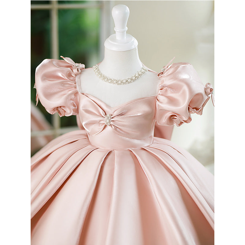 Baby Girl Puff Sleeve Beaded Bow Puffy Birthday Party Princess Dress