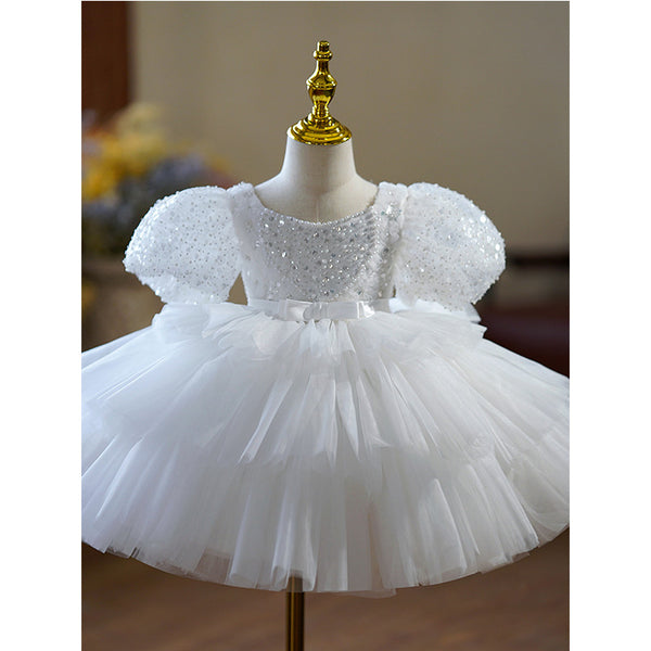 Toddler Prom Dress Flower Girl Dress Christening Princess Baptism Puff Sleeve Sequin Fluffy Party Dress