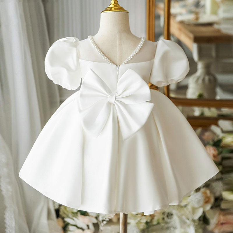 First Communion Dress Baby Girl White Textured Beaded Neck Puffy Christening Dress Toddler Prom Dress