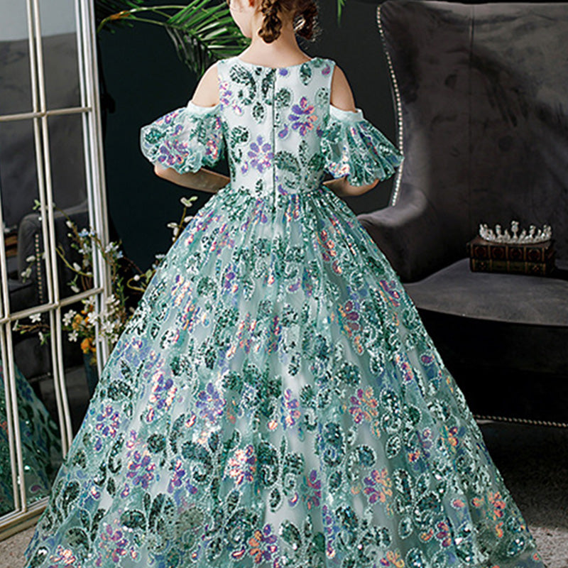 Elegant Girl Sequins Green Catwalk Piano Princess Dress