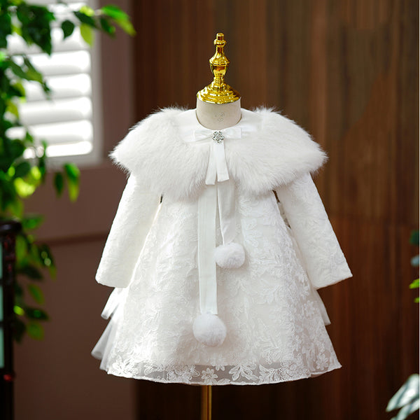 Baby Girl Autumn Winter  Flower Dress Girl Plush Lace Long Sleeve Baptism Princess Dress