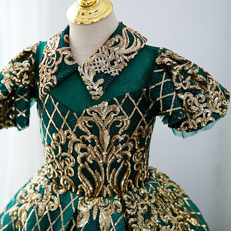 Girl Pageant Dress Children Vintage Gorgeous Green Gold Sequin Party Princess Communion Dress