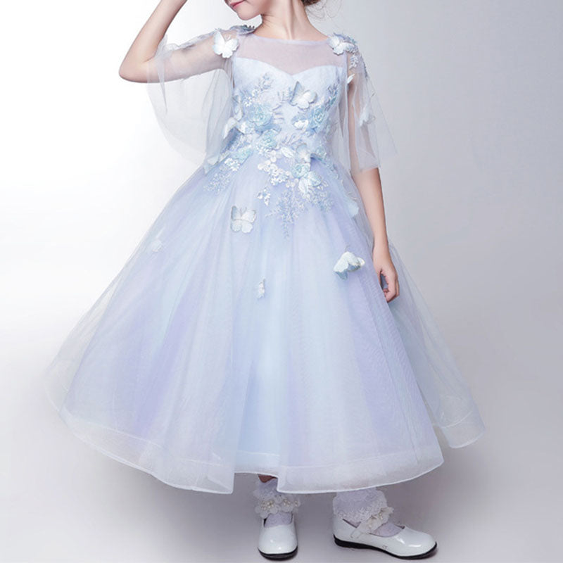 Flower Girls Dress Toddler Embroidery Butterfly Wedding Birthday Grace Trailing Dress