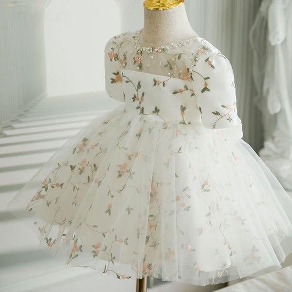 Flower Embroidered White Yarn Princess Dress