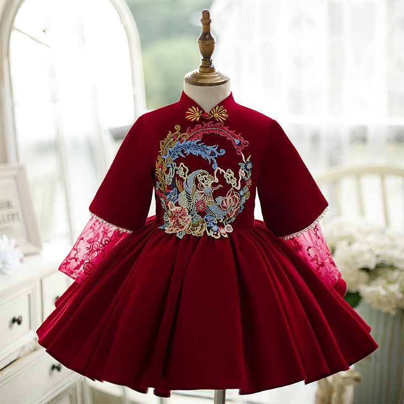 Girl Christmas Dress Flower Girl Dress Toddler Ball Gowns Winter Retro Palace Red Embroidered Princess Dress