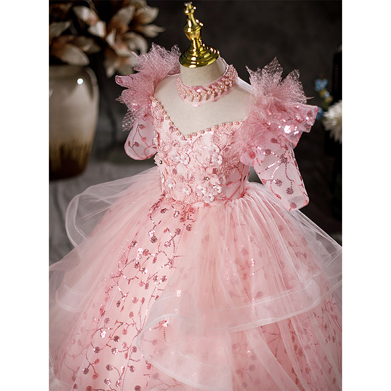 Flower Girl Dress Children Easter Communion Dress Summer Pink Sequins Princess Dress