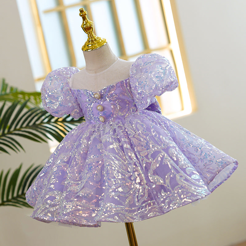 Baby Girl Formal Princess Dress Toddler Purple Sequin Puff Sleeve Birthday Dress