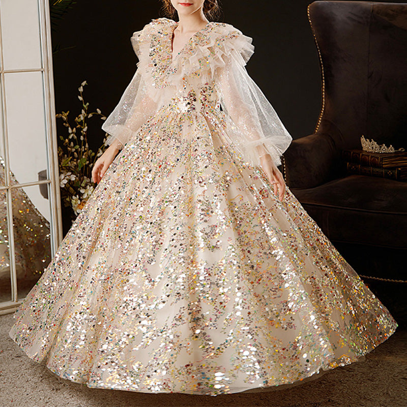 Girls Summer Gold Sequin Long Sleeve Fluffy Elegant Pageant Princess marryshe Girls Summer Gold Sequin Long Sleeve Fluffy Elegant Pageant Princess marryshe