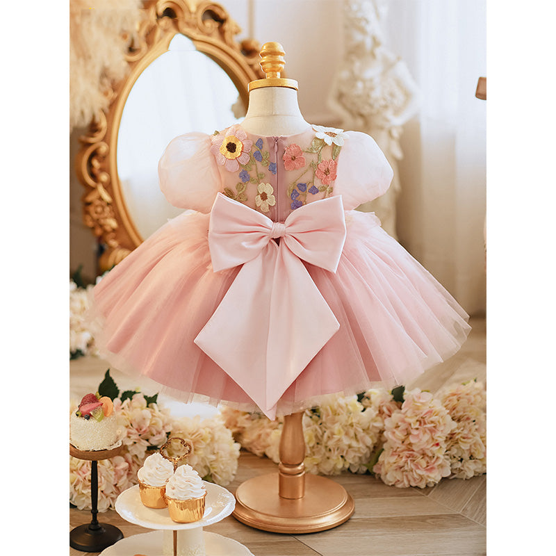 Baby Girl and Toddler Summer Pink Puff Sleeve Flower Girl Fluffy Princess Dress