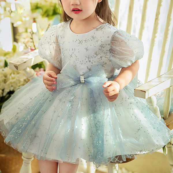 Baby Girl Dress Toddler Communion Summer Blue Round Neck Puff Sleeve Birthday Party Dress