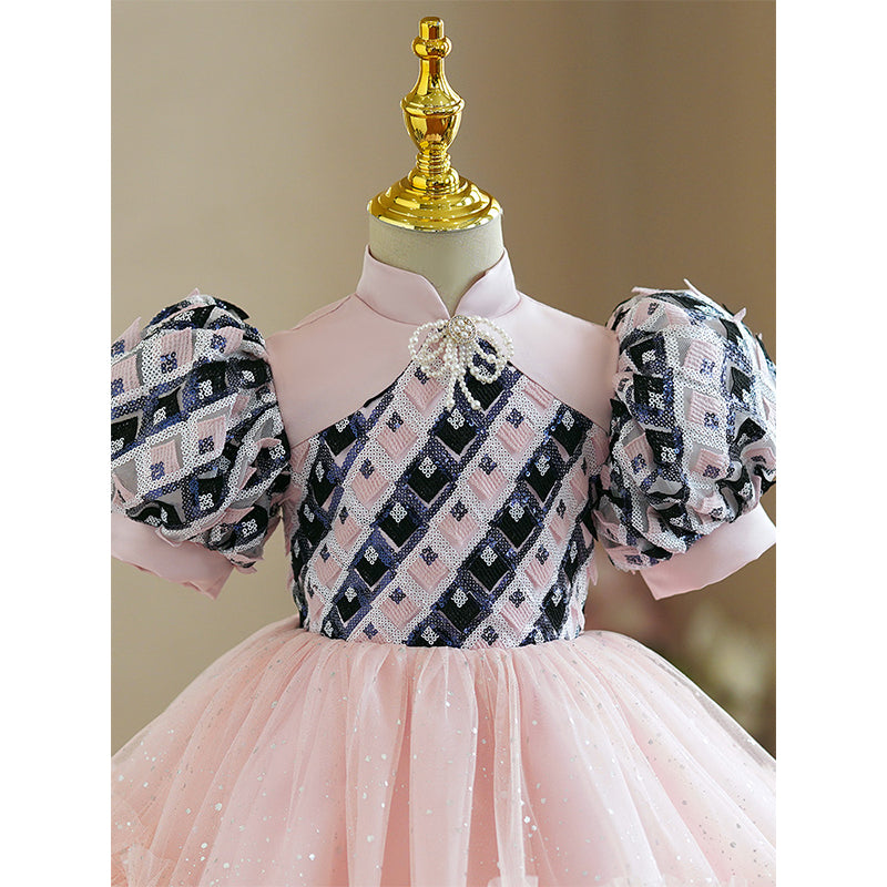 Toddler Prom Dress Girl Summer Beauty Pageant Stand Collar Puff Sleeve Princess Dress