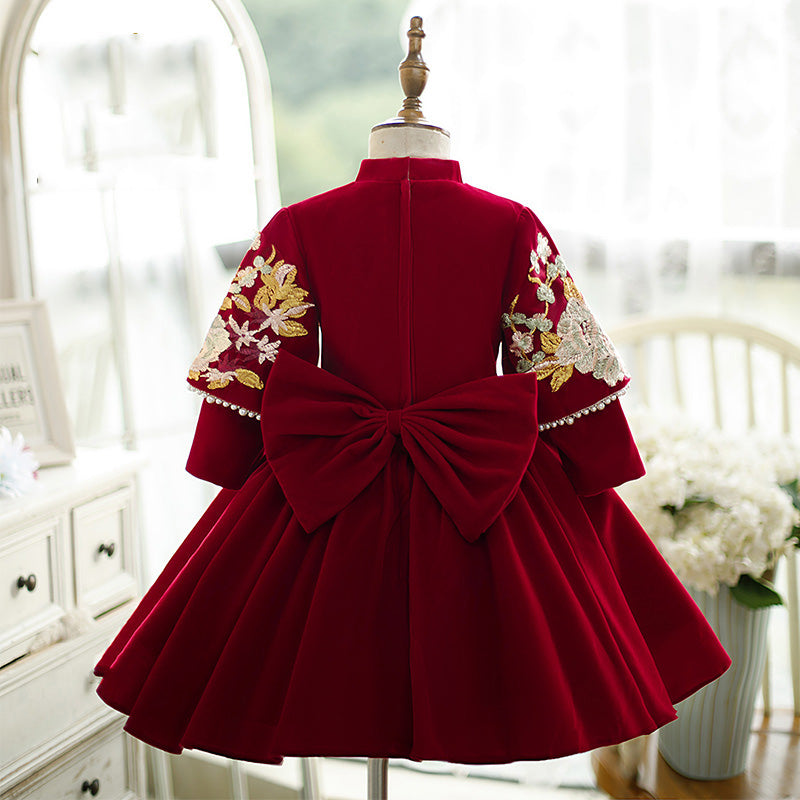 Girl Christmas Dress Flower Girl Dress Toddler Ball Gowns Winter Retro Palace Red Embroidered Princess Dress