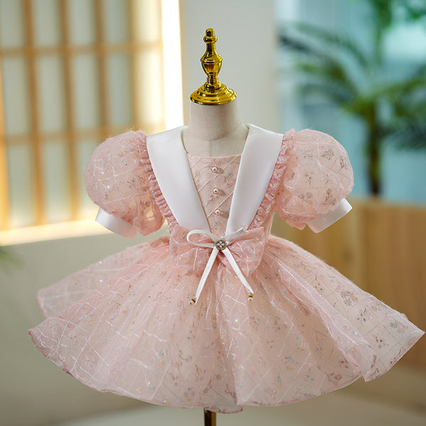 Baby Girl First Communion Toddler Summer Puff Sleeves Bow Puffy Princess Dress