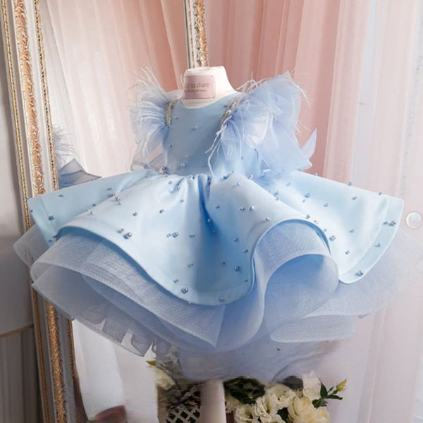 Elegant Baby Girl Blue Sleeveless Dot Princess Dresses for Girls Toddler Pageant Dresses