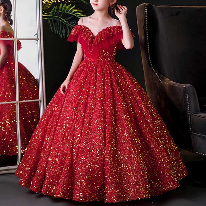 Girl Christmas Dress Toddler Ball Gowns Girl Summer  Red Sequins Princess Party Pageant Dress