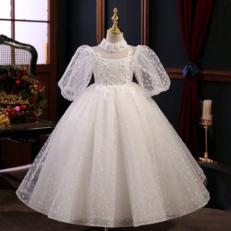 Flower Girl Dress Children First Communion White Princess Dress Long Sleeves Fluffy Pageant Dress