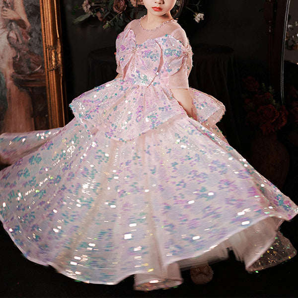 Flower Girl Dress Children Communion Pink Sequins Puffy Princess Pageant Dress