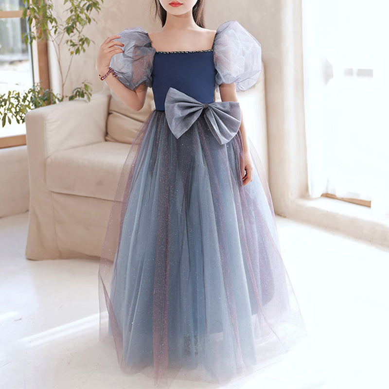 Sweet Baby Girls Blue Gray Puff Sleeve Bow Mesh Long Skirt Toddler Birthday Party Princess Dress