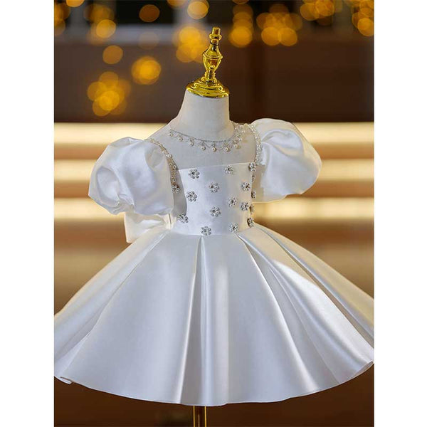 Baby Girl Christening Dress Toddler Flower Beaded Princess Dress Girls Puff Sleeve Puffy Party Dress