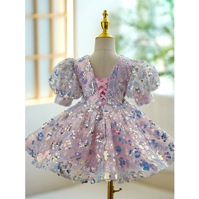 Toddler Ball Gowns Flower Girl Summer Pink Beaded Sequin Puffy Princess Dress