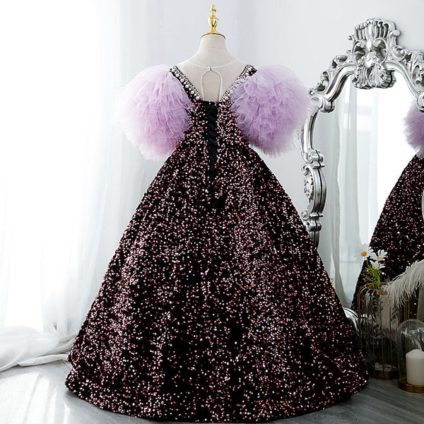 Toddler Ball Gowns Girl Communion Purple Sequin Long Puff Sleeves Princess Pageant Dress