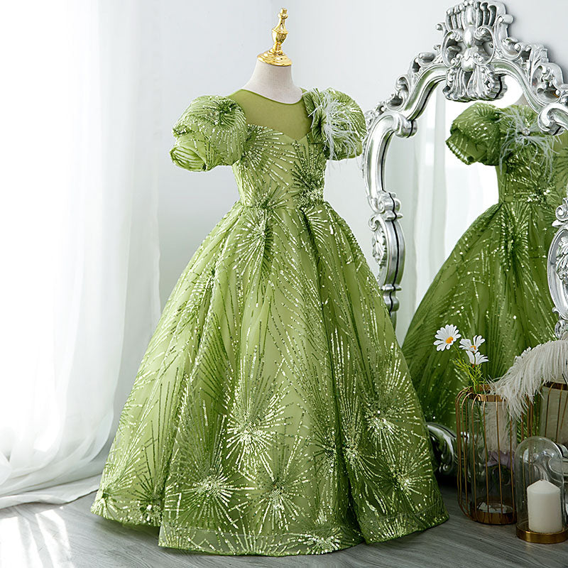 Flower Girl Dress Children Communion Light Green Sequined Puff Sleeves Princess Dress