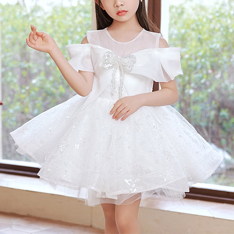 Little Girl Dress Toddler Ball Gowns White Sequins Bow Strapless Princess Baptism Dress