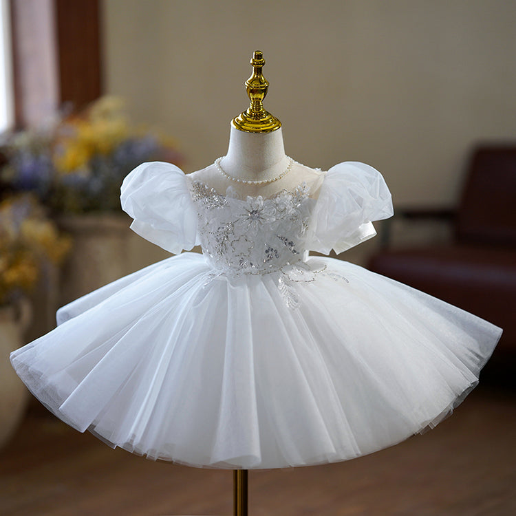 Flower Girl Dress Toddler Ball Gowns White Puff Sleeve Beaded Princess Dress