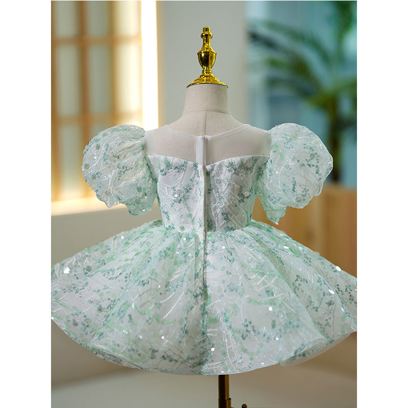 Toddler Ball Gowns Girl Pageant Princess Green Sequin Puff Sleeve Communion Dress