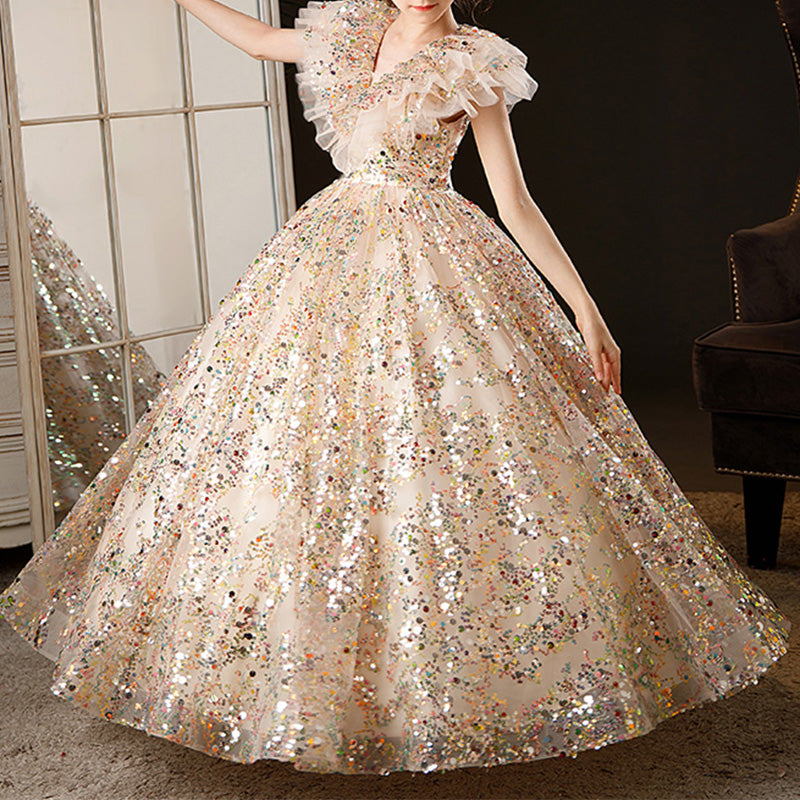 Girl Summer Gold Sequins Puffy Elegant Pageant Princess Dress marryshe Girl Summer Gold Sequins Puffy Elegant Pageant Princess Dress marryshe