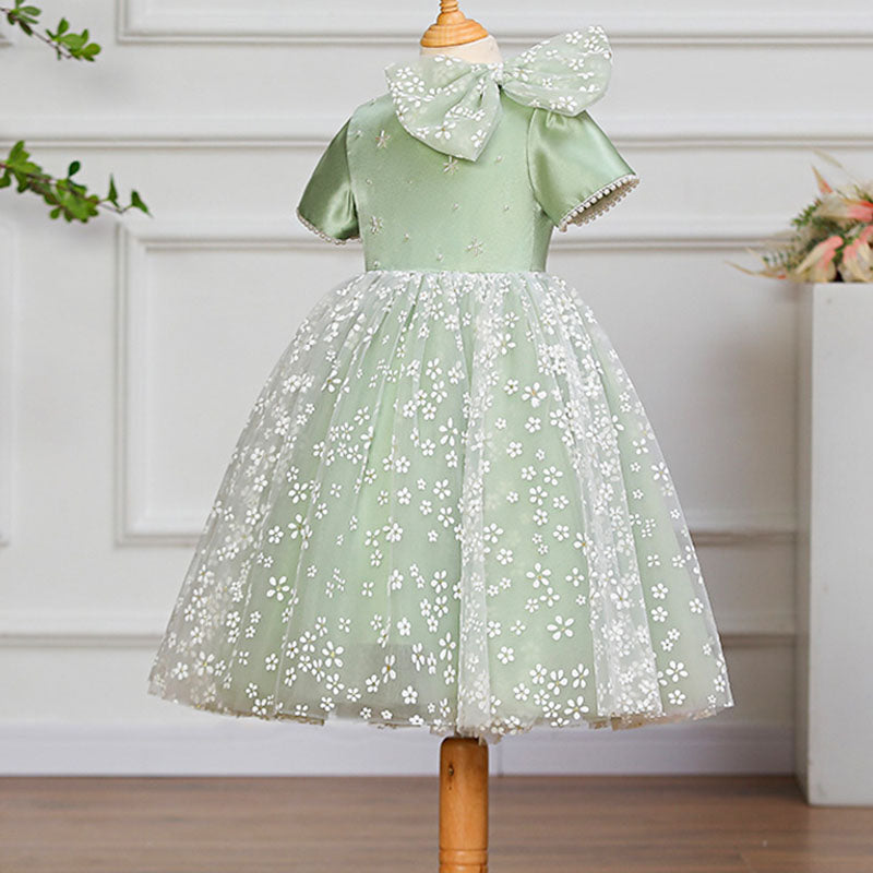 Toddler Prom Dress Little Girl Printing Bow Mesh Pattern Communion Birthday Party Dress