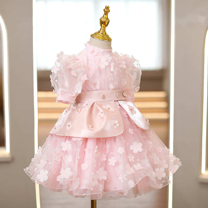 Baby Girl Prom Dress Toddler Summer Pink Petal Cute Puff SleevesPrincess Dress