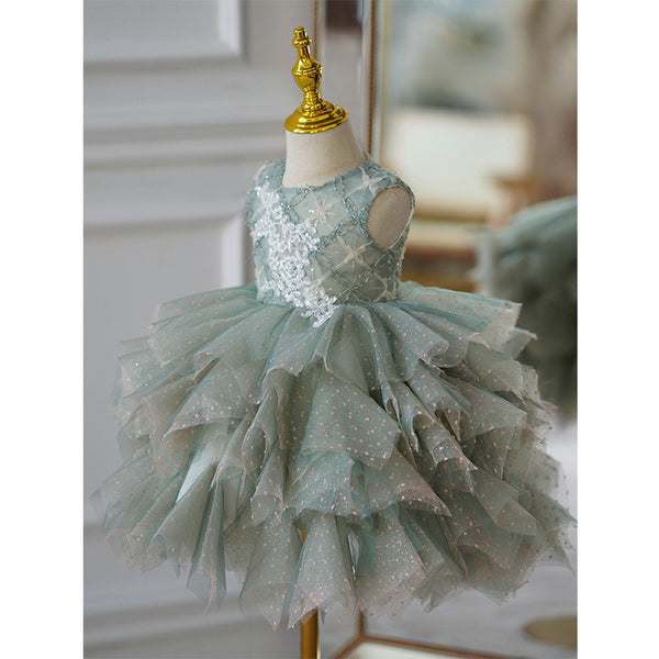 Girl Prom Dress Toddler Summer Green Sleeveless Sequin Cake Princess Dress