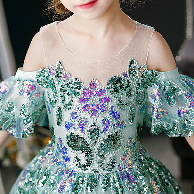 Elegant Girl Sequins Green Catwalk Piano Princess Dress