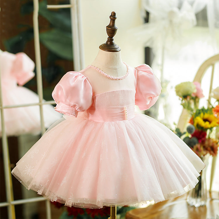 Flower Girl Dress Toddler Pink Puff Sleeves Fluffy Mesh Communion Princess Dress