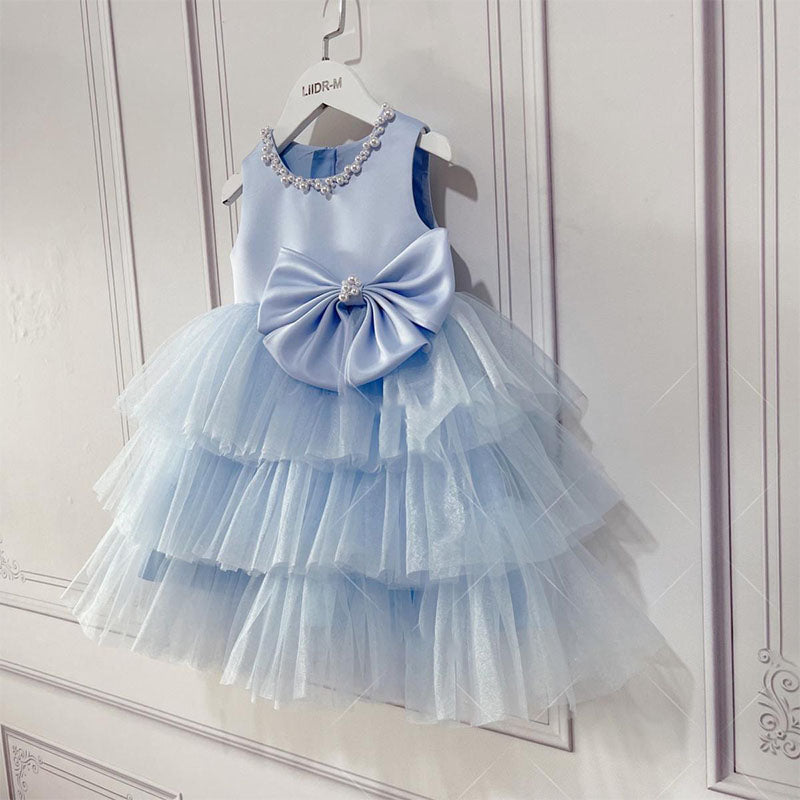 Baby Girl Ball Gowns Girl Blue Sleeveless Cake Flower Birthday Party Dress