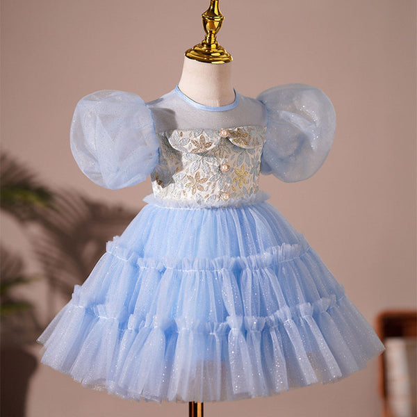 Baby Girl Summer Blue Printed Puffy Princess Party Dress