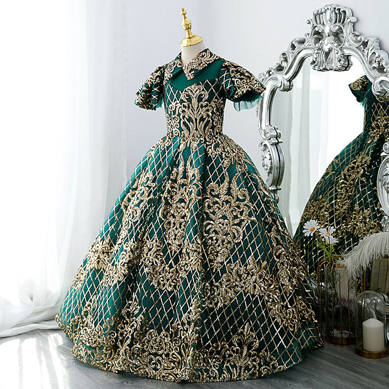 Girl Pageant Dress Children Vintage Gorgeous Green Gold Sequin Party Princess Communion Dress